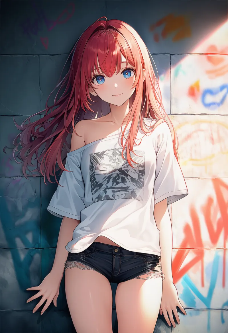 Tシャツを着て片方の肩が見えている状態のAIイラスト｜プロンプト紹介