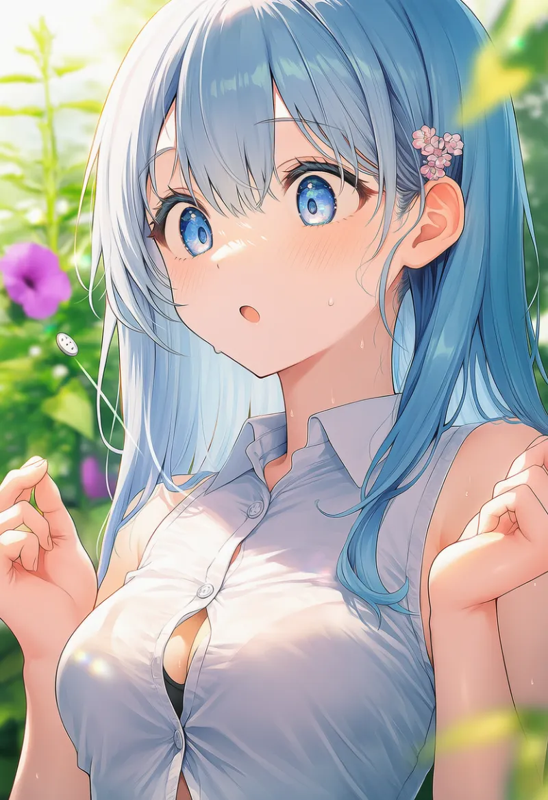 シャツのボタンとボタンの隙間が見えてボタンが弾け飛ぶ状態のAIイラストの作例