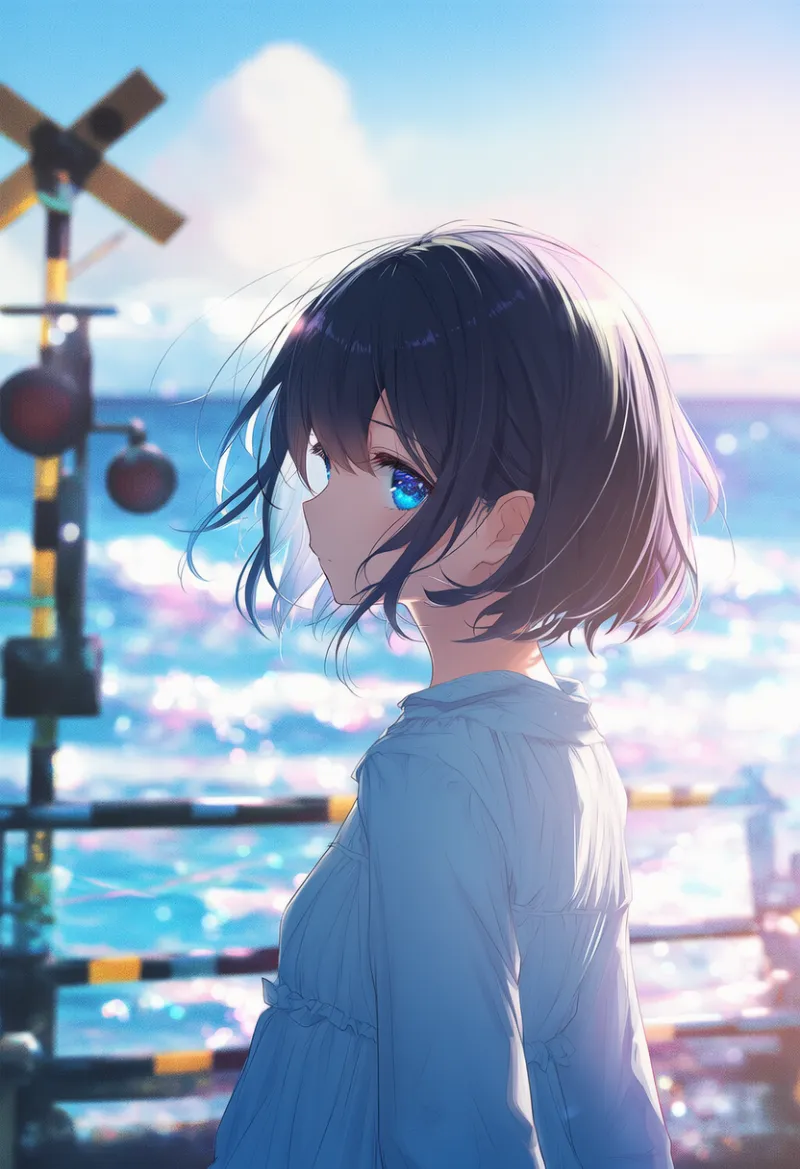 踏切と海の青春AIイラスト｜プロンプト紹介