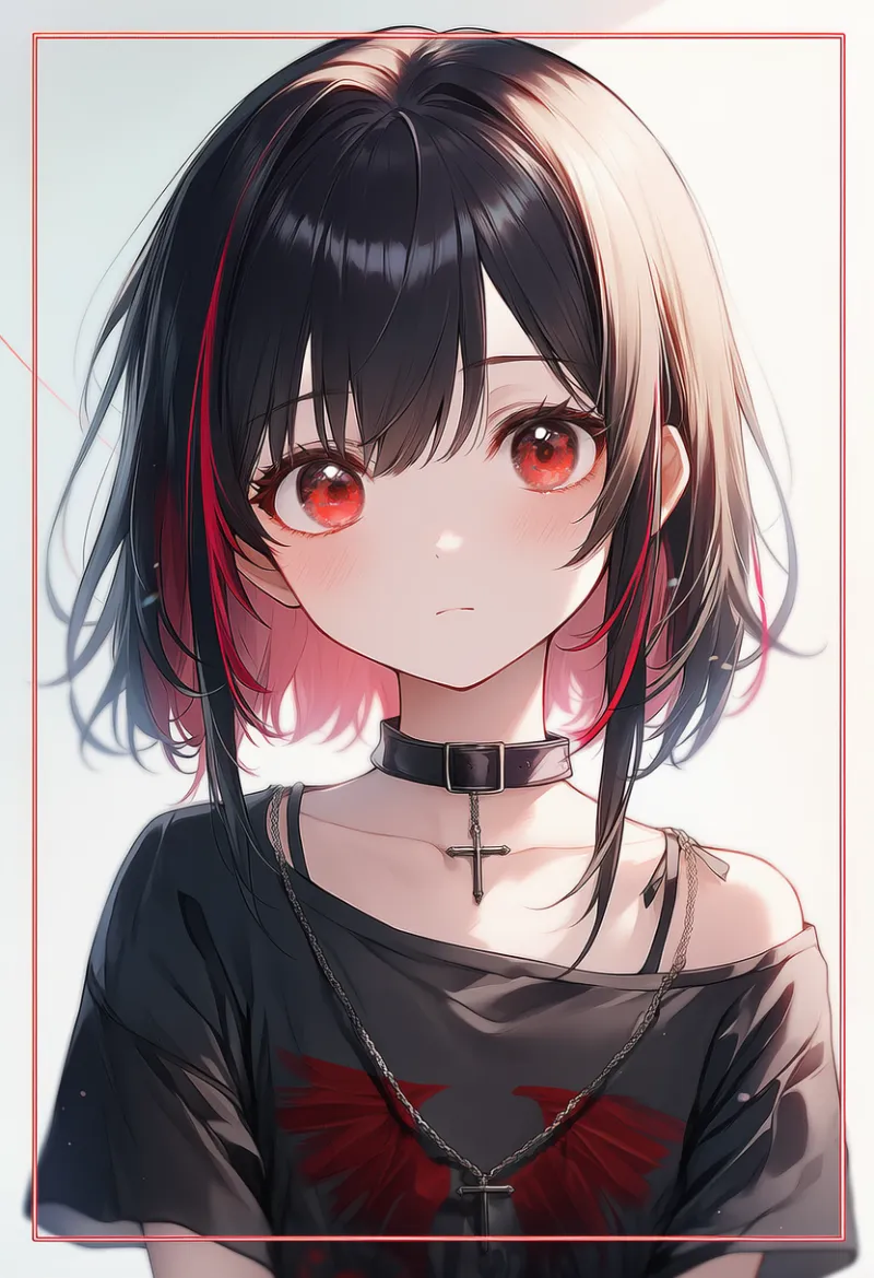 赤いメッシュの髪のAIイラスト|プロンプト紹介