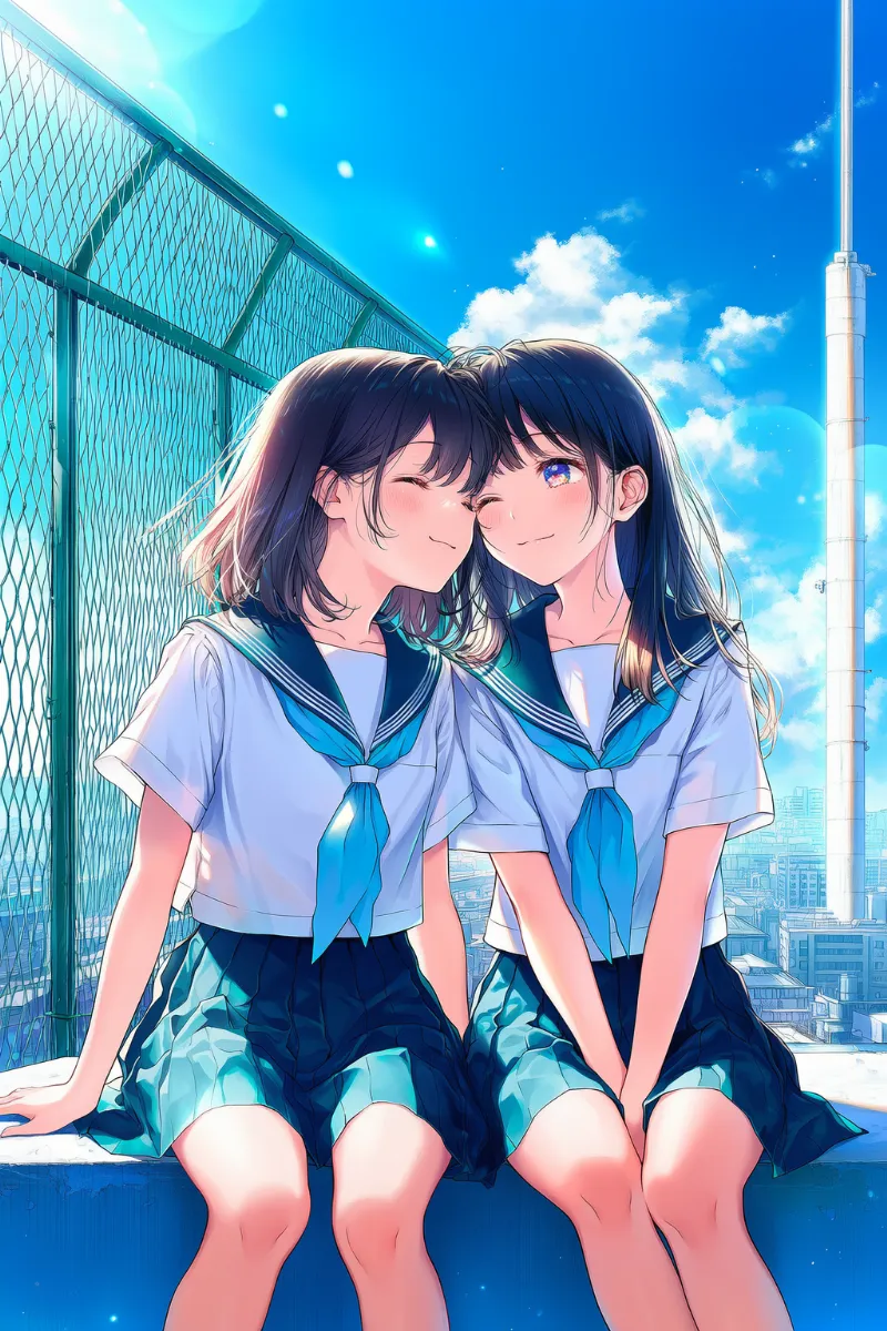 屋上と眼下の街並みの青春AIイラスト｜プロンプト紹介