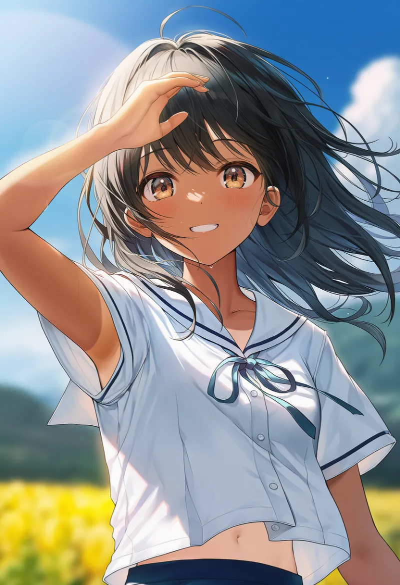 セーラー服から見える日焼けの跡のプロンプト｜AIイラスト作例