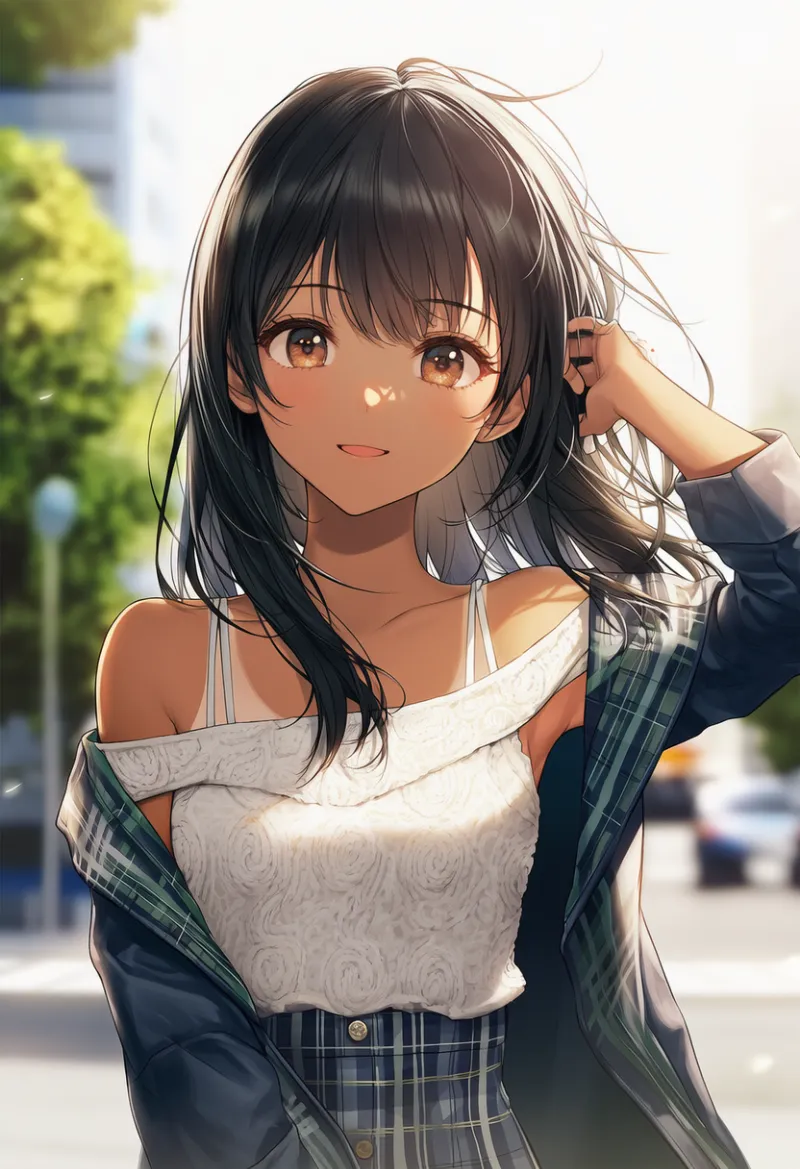 洗練された服から見える日焼けの跡のプロンプト｜AIイラスト作例