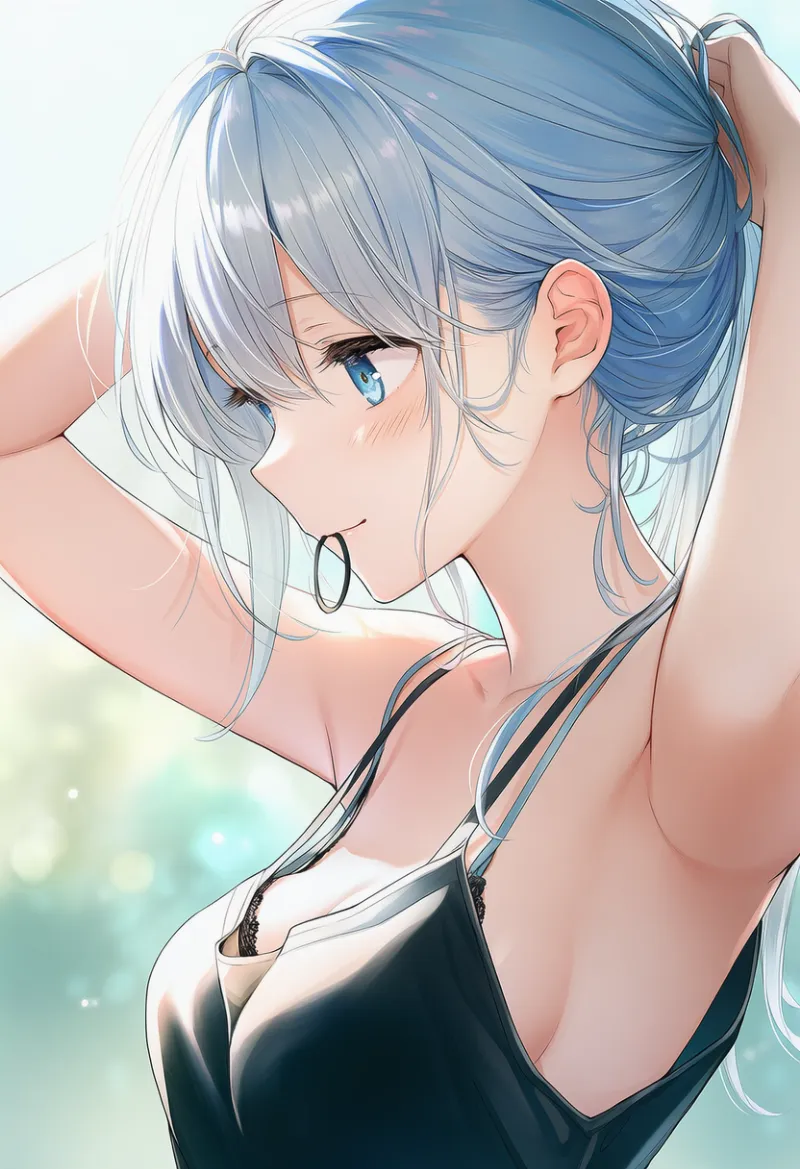 タンクトップとブラの肩紐と胸の間に空間ができる状態を再現したAIイラスト