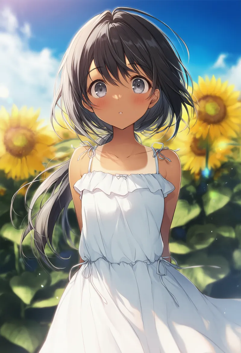 サンドレスから見える日焼けの跡のプロンプト｜AIイラスト作例