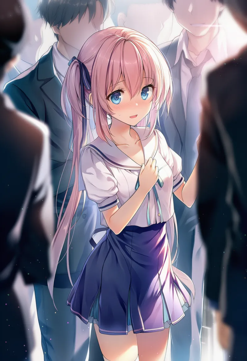 群衆に囲まれるプロンプトとAIイラスト作例