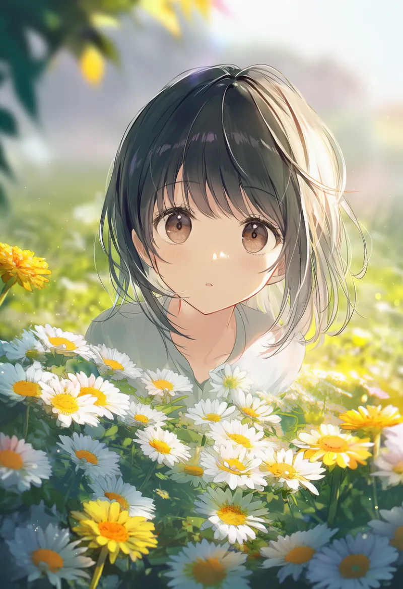 花に囲まれるプロンプトとAIイラスト作例