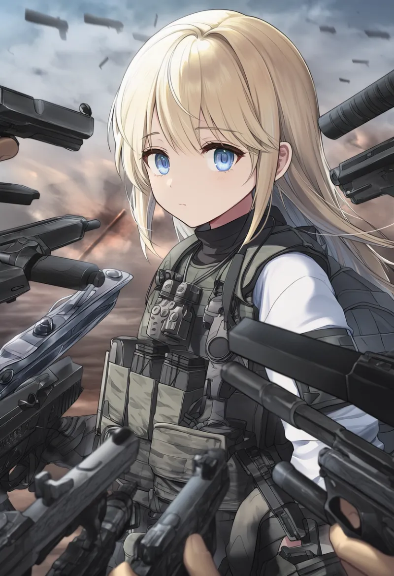 銃に囲まれるプロンプトとAIイラスト作例