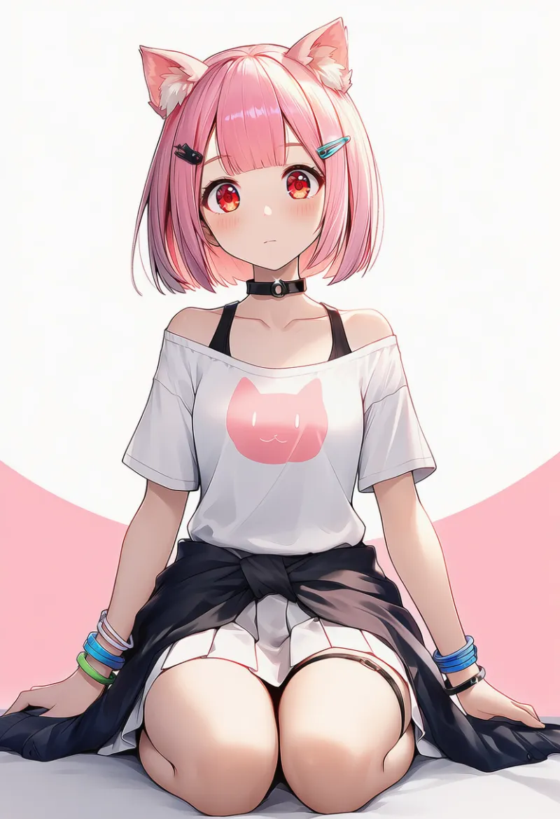 猫プリントTシャツ×ミニスカコーデのプロンプト｜AIイラスト作例