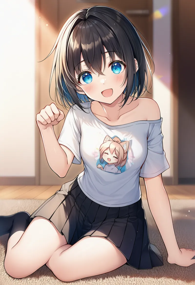 肩見せTシャツ×プリーツスカートコーデのプロンプト｜AIイラスト作例
