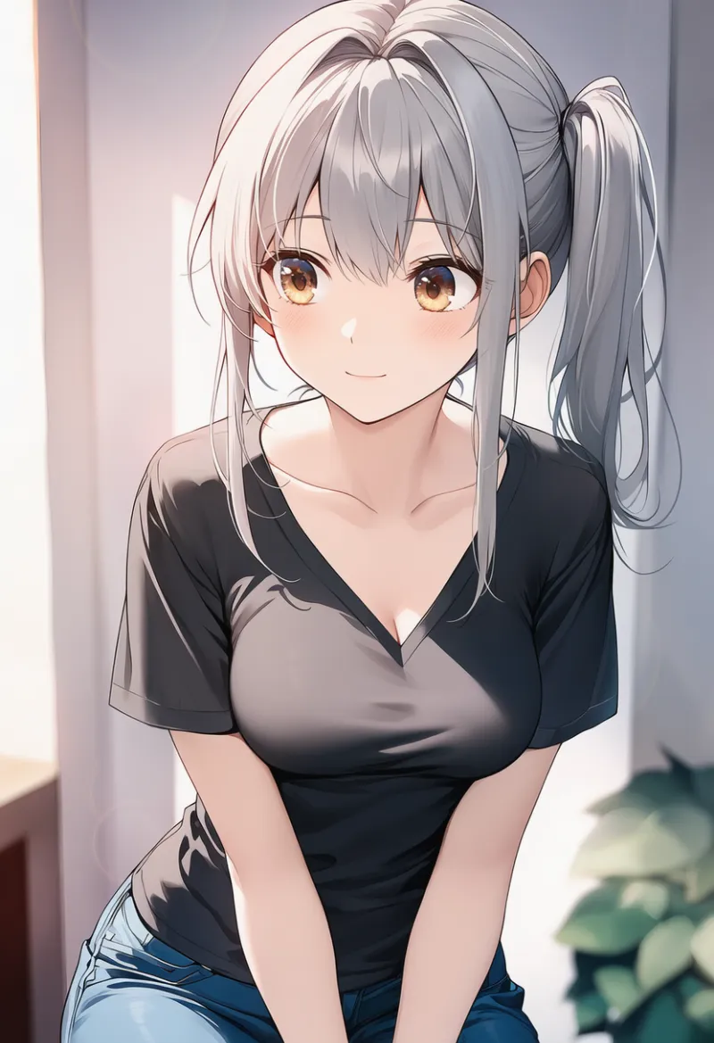 VネックTシャツ×ジーンズコーデのプロンプト｜AIイラスト作例