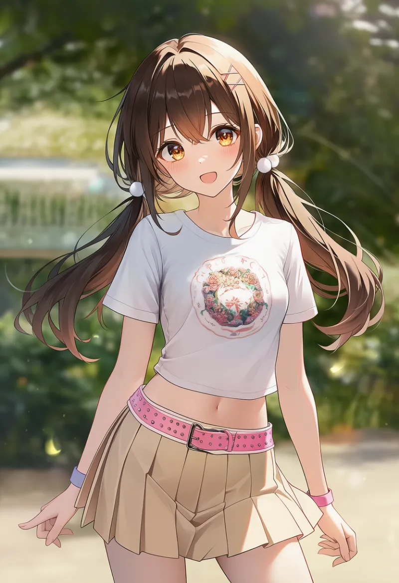 ちびTシャツ×ベージュミニスカコーデのプロンプト｜AIイラスト作例