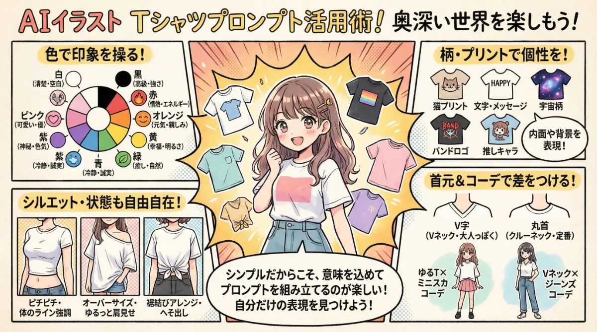 Tシャツのプロンプト活用術の記事用のまとめ図解イラスト