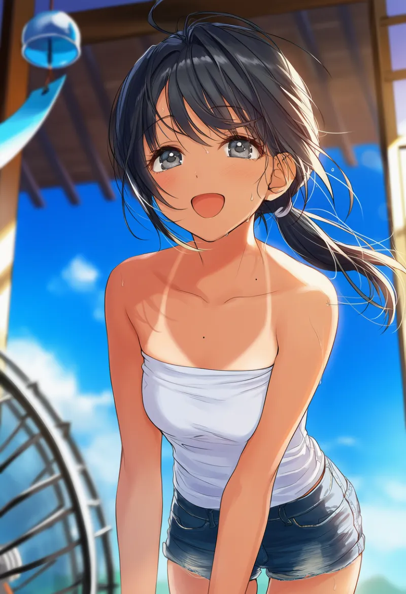 日焼け跡が見える美少女が扇風機で涼んでいるAIイラストの作例