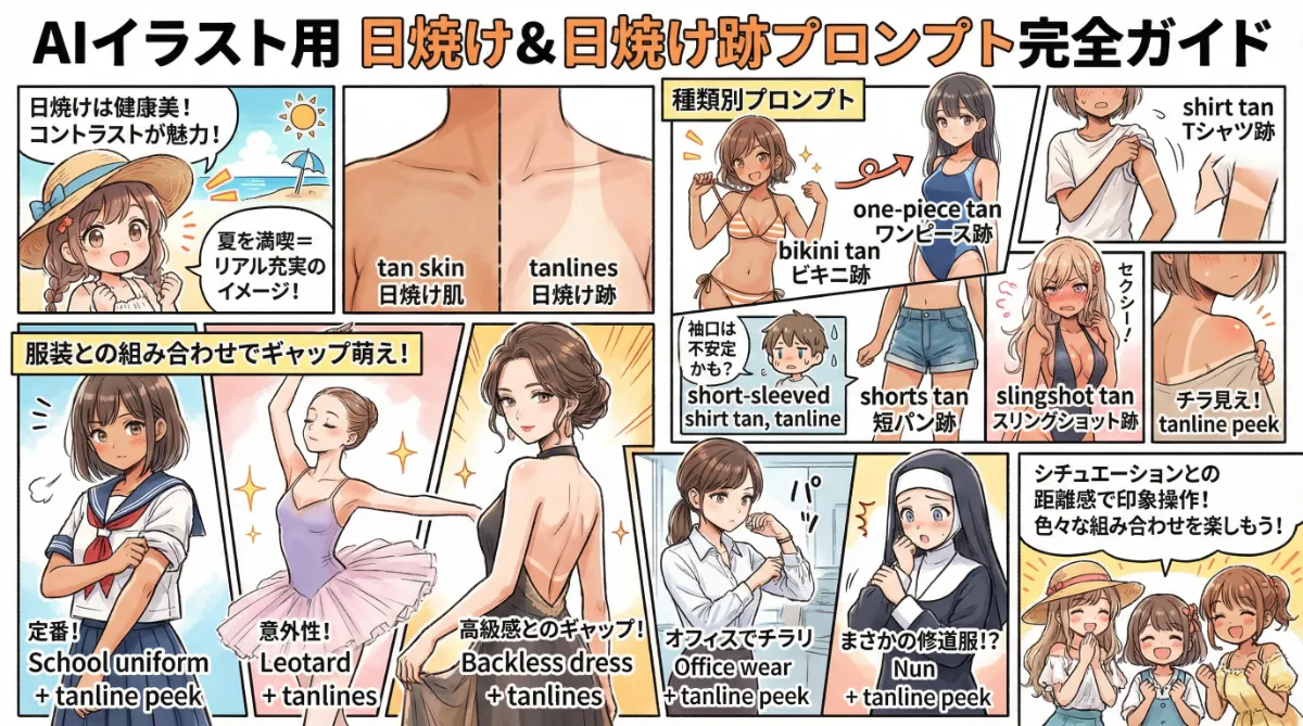 日焼けした肌・日焼け跡のプロンプト集のまとめ用の図解イラスト