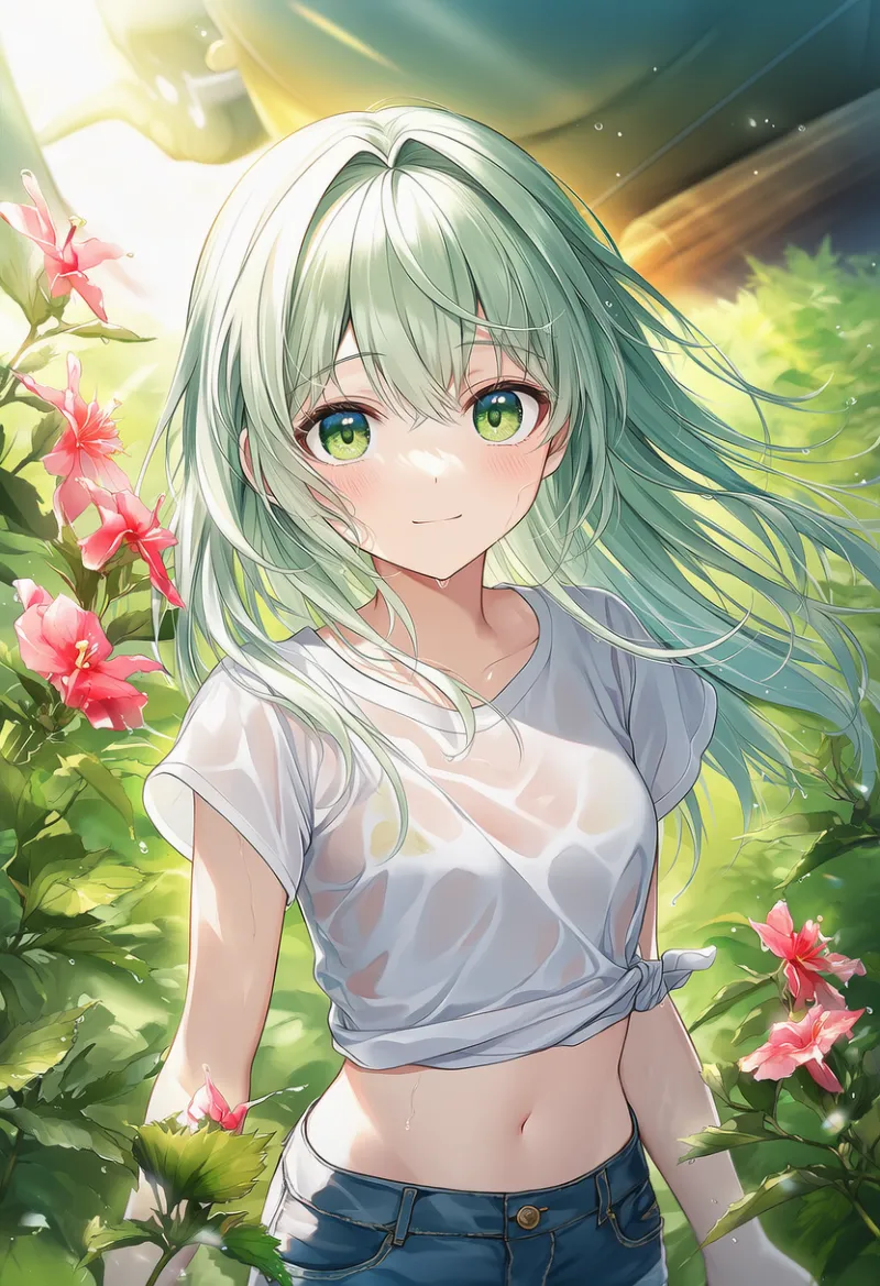 Tシャツの裾結びのAIイラスト｜プロンプト紹介