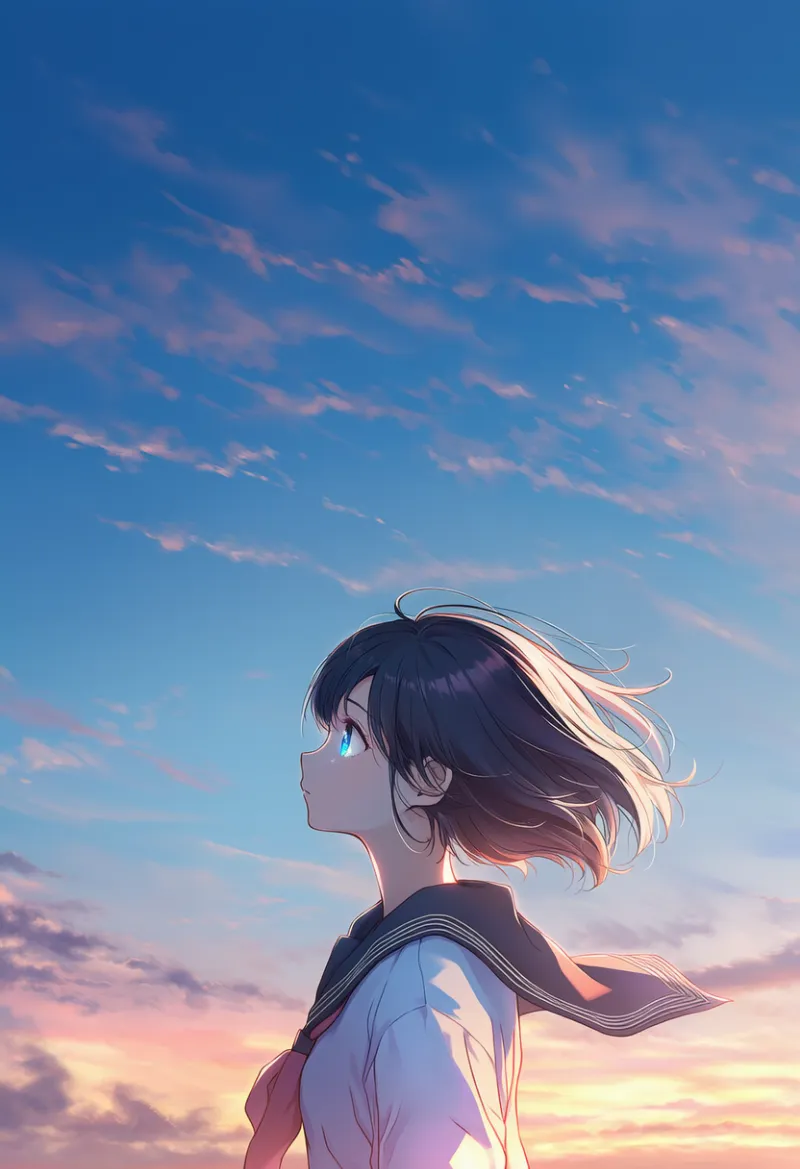 遠くの空を見つめる瞬間の青春AIイラスト｜プロンプト紹介