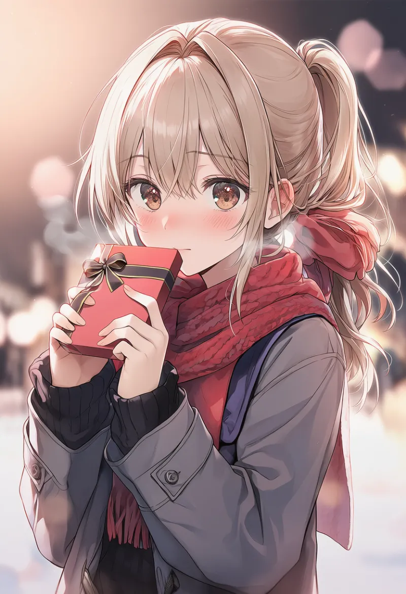 バレンタインデーのプレゼントを持つ美少女のAIイラスト作例