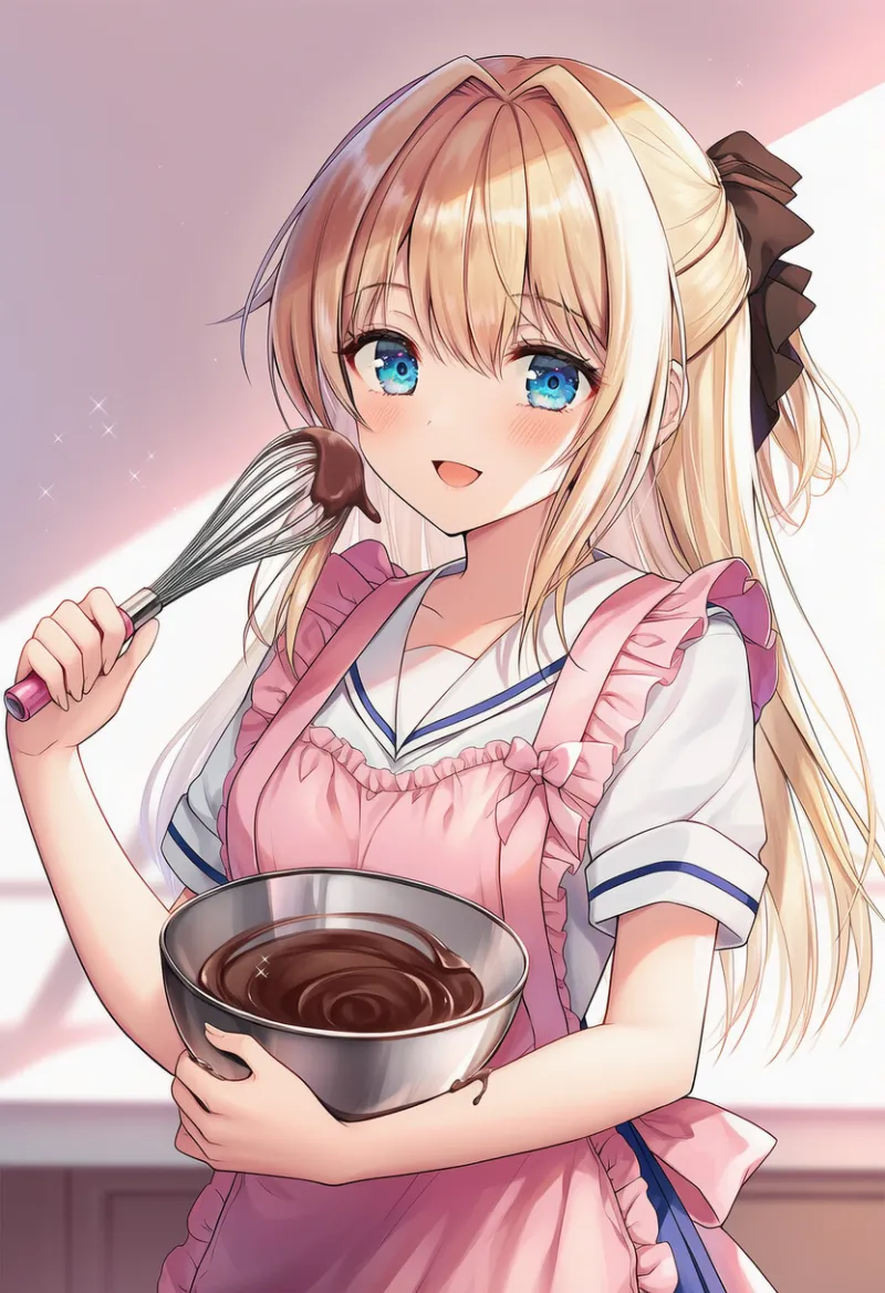 バレンタインチョコを作っている美少女のAIイラストの作例