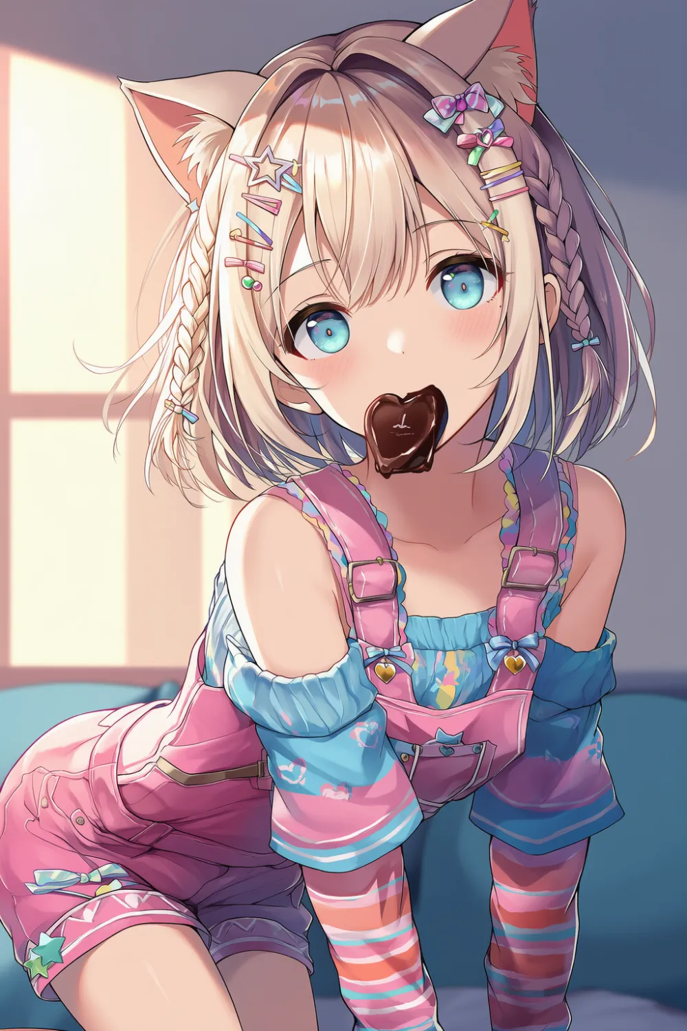 ハートチョコをくわえた猫耳美少女のプロンプト（デコラ）とAIイラスト作例