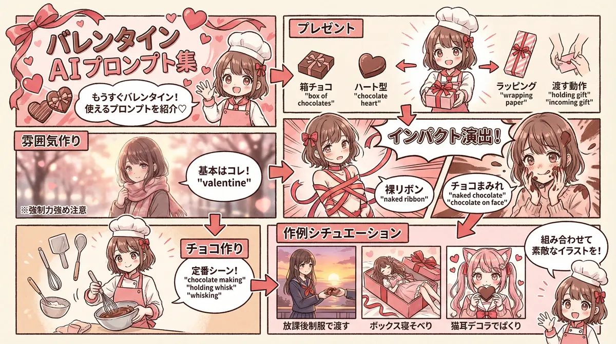 バレンタインデーの作例付きプロンプト集のまとめ用の図解イラスト