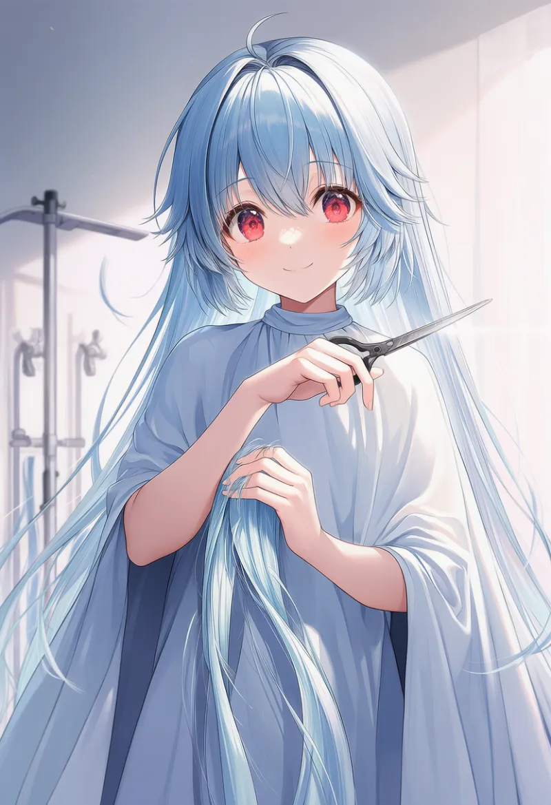 長い髪を持って切っているAIイラストとプロンプト紹介