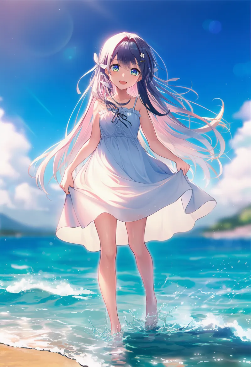 浅瀬を歩くプロンプト｜AIイラスト作例