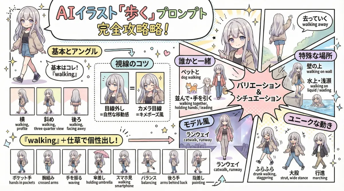 歩くポーズのプロンプト集（歩き方の種類別まとめ）の図解イラスト