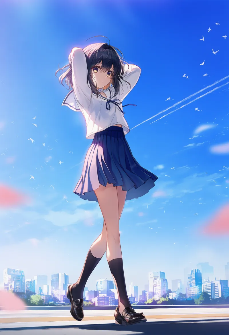 頭の後ろで手を組んで歩くプロンプト｜AIイラスト作例