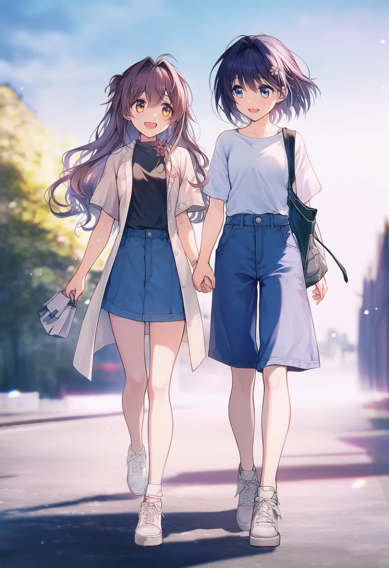 一緒に並んで歩くプロンプト｜AIイラスト作例