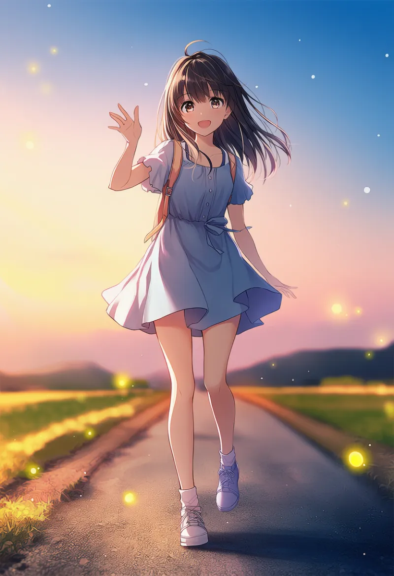 手を振って歩くプロンプト｜AIイラスト作例