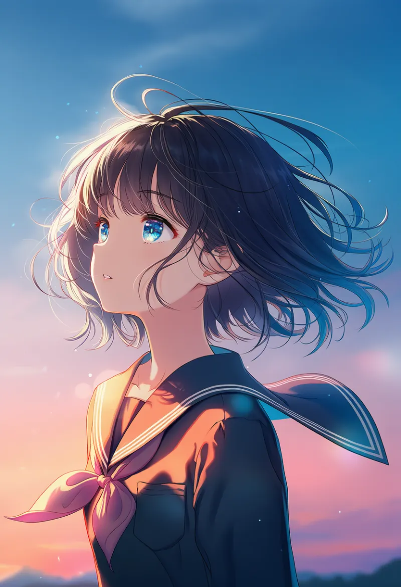 風に吹かれて遠くを見つめているAIイラスト｜プロンプト紹介