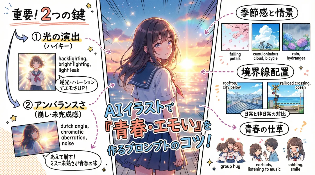 エモい青春イラストのプロンプト集（光と雰囲気の作り方）のまとめ用の図解イラスト