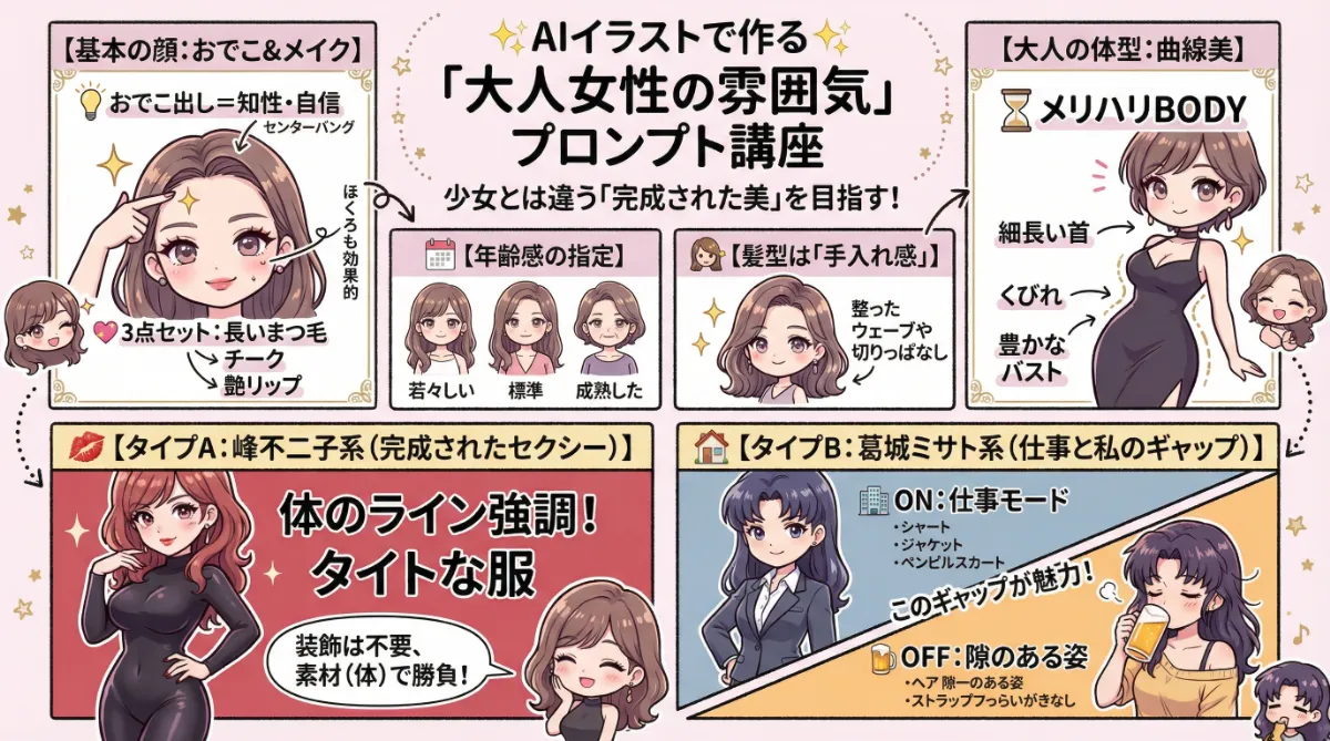 大人の女性のプロンプト集（顔立ち・服装・雰囲気）のまとめ用の図解イラスト（グラレコ）
