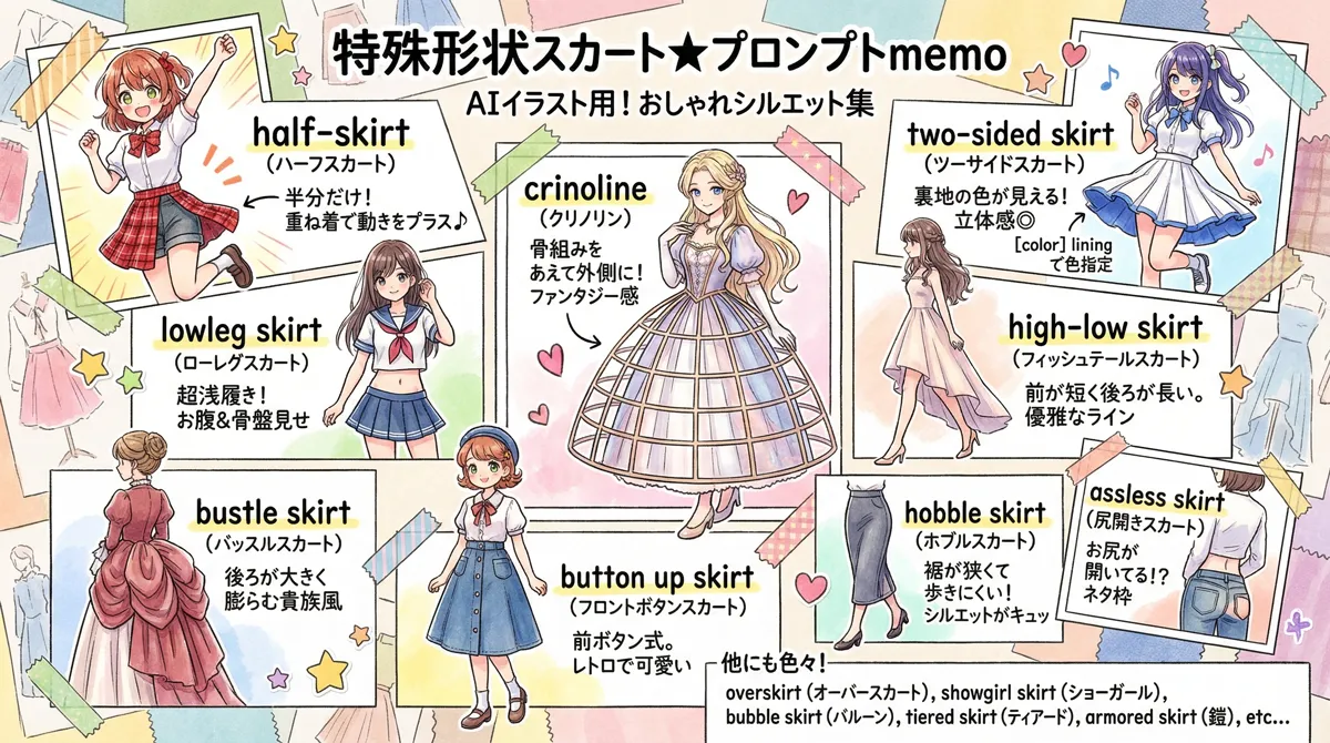 特殊な形状のスカートのプロンプト集【AIイラスト】