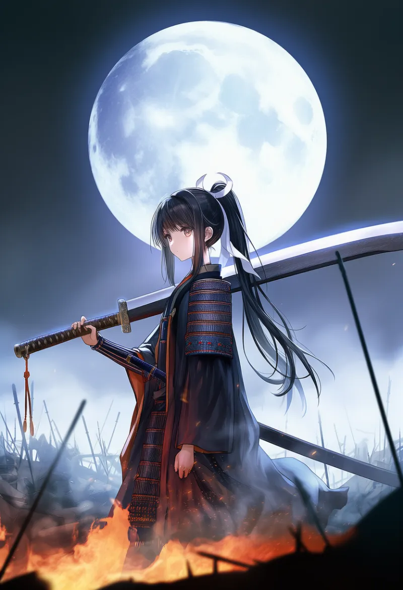 満月の戦場背景プロンプト(霧・建築・炎)|侍AIイラスト用