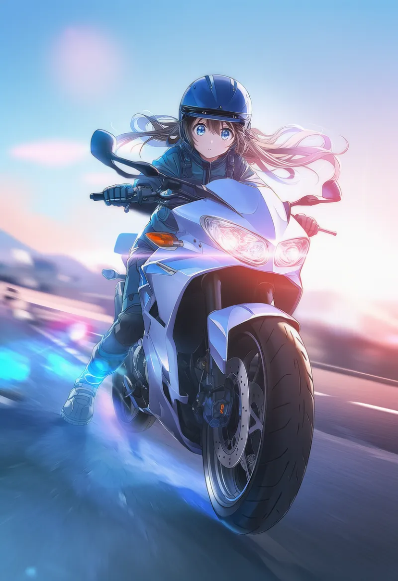 バイクがviewerに向かってくる状態を再現したAIイラストとプロンプト紹介