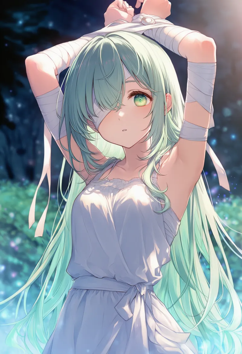 両手を上げて、包帯で縛られている状態のプロンプト紹介用のAIイラスト（包帯キャラクター）