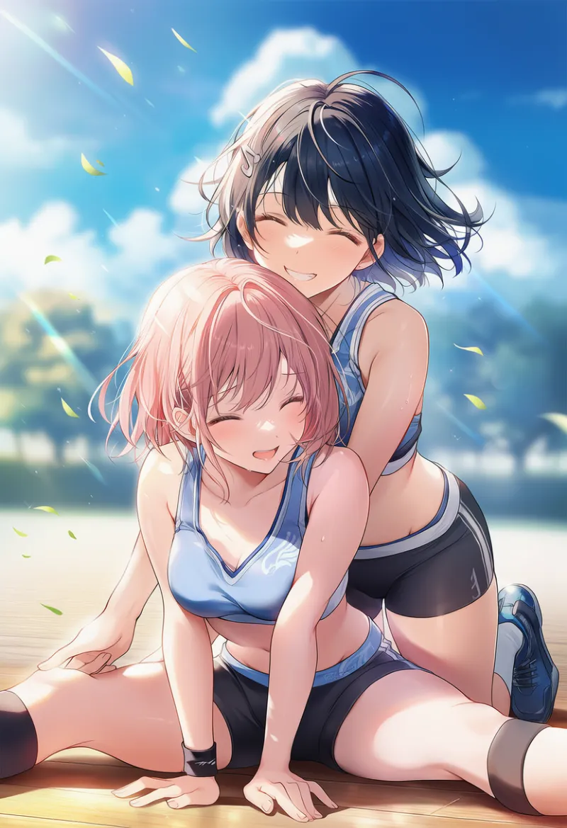 誰かに手伝ってもらうストレッチのAIイラストとプロンプト