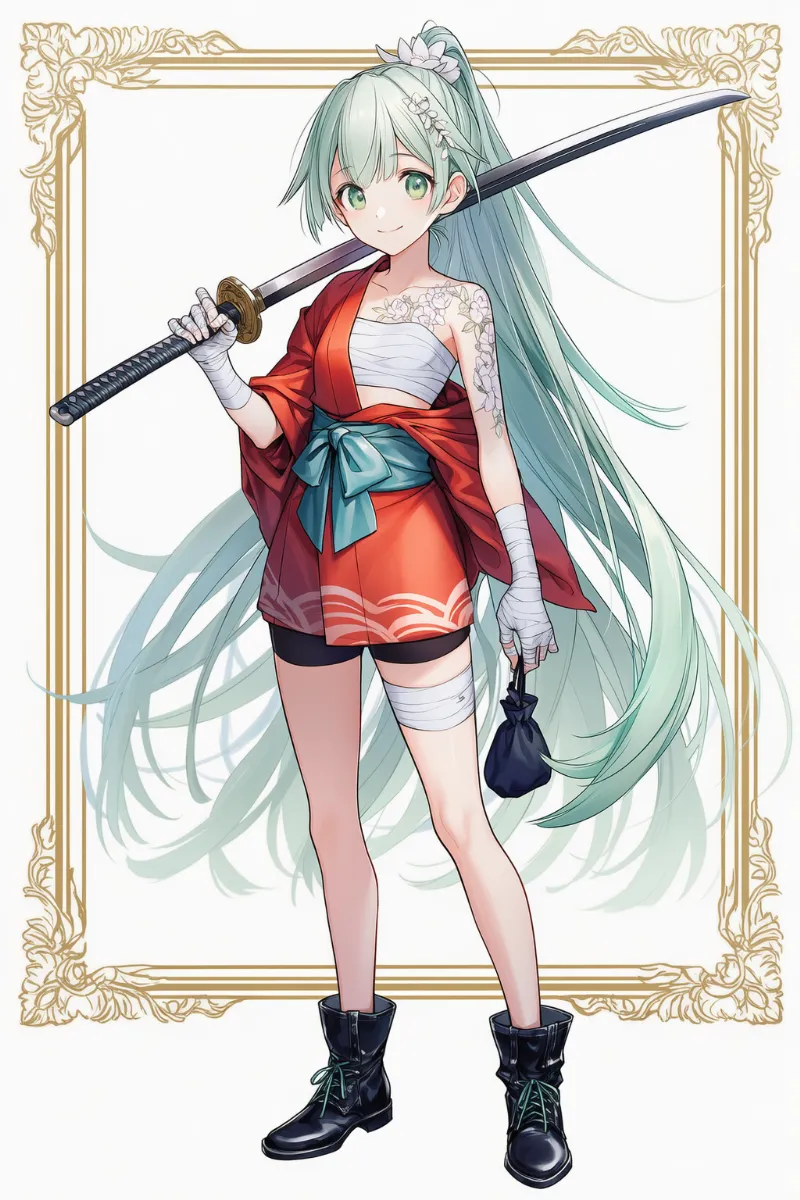 和風剣士が胸と腕に包帯を巻いたキャラクターの作例プロンプトとAIイラスト
