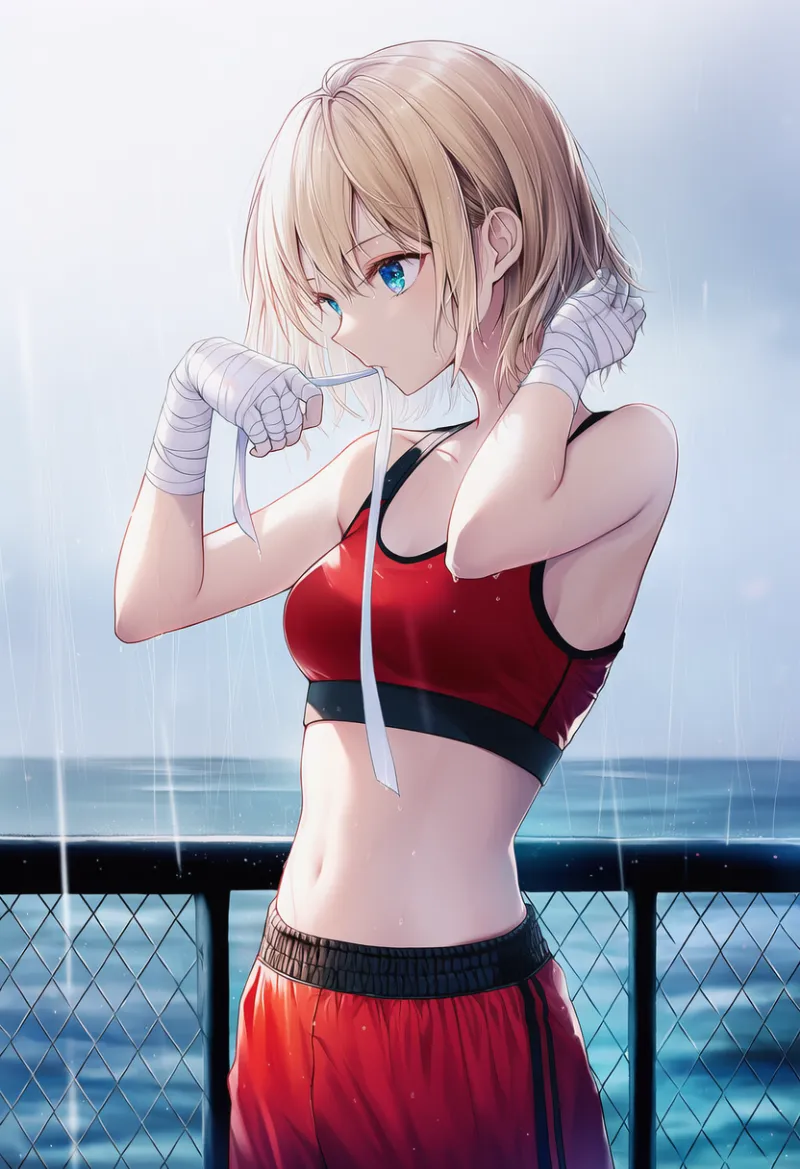 ボクサーの美少女が手の包帯を巻く作例プロンプトとAIイラスト