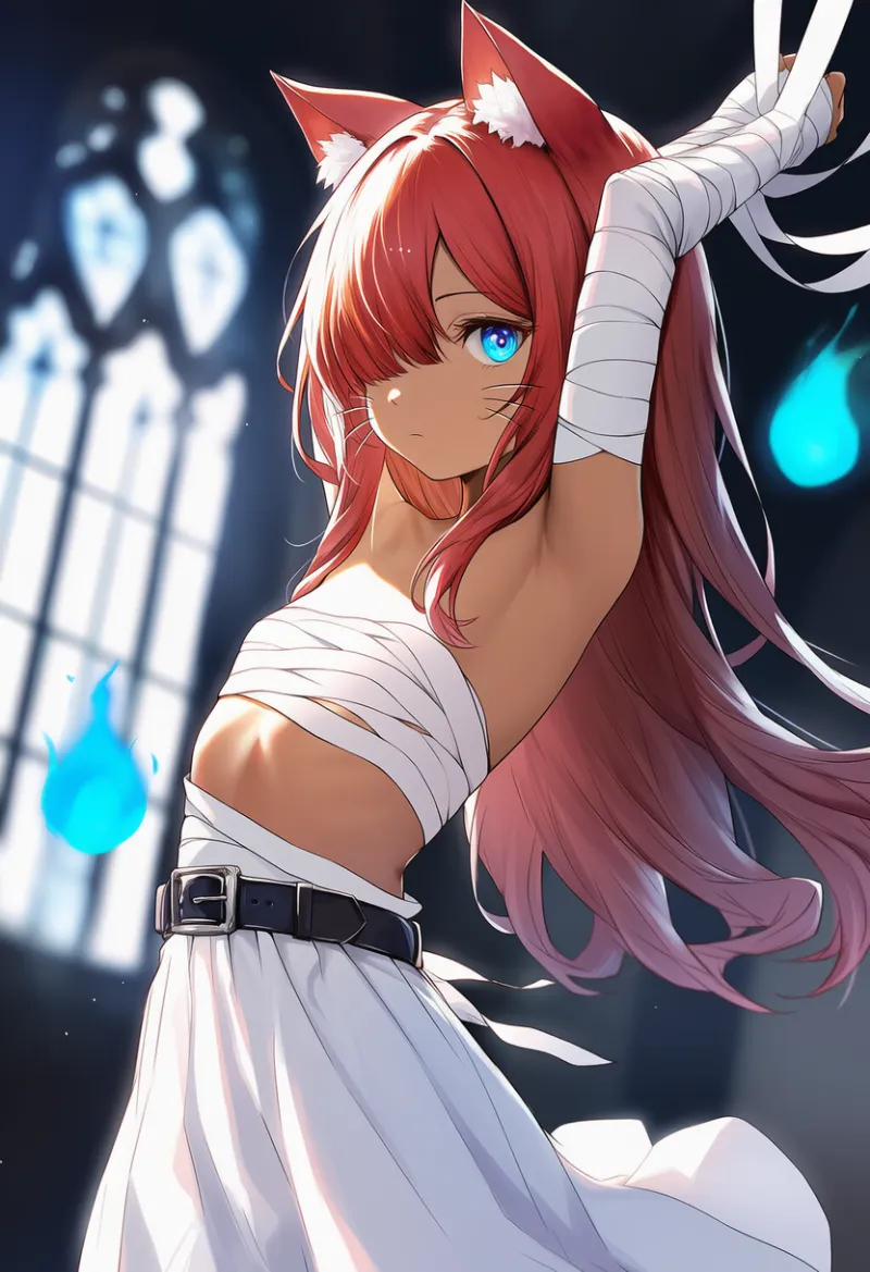 赤髪の猫耳の包帯キャラクターの作例プロンプトとAIイラスト