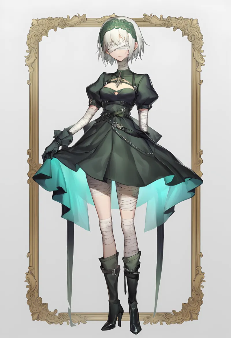 両目を包帯で隠したキャラクターの作例プロンプトとAIイラスト