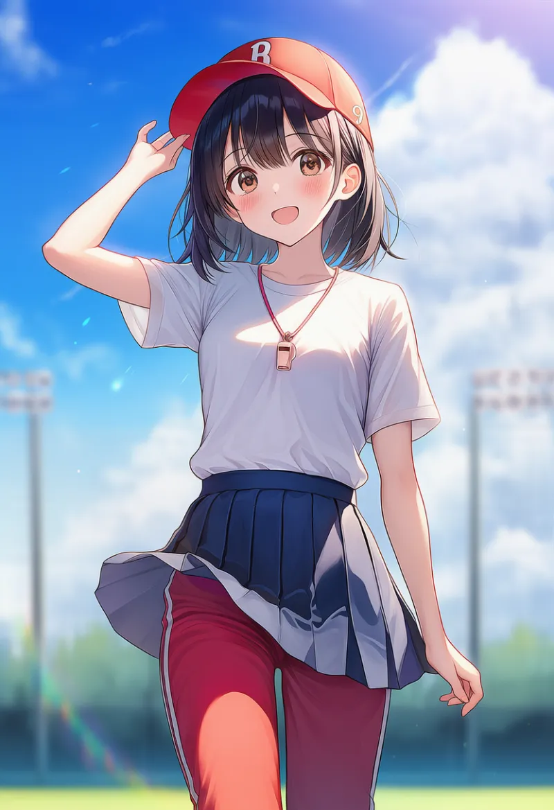 Tシャツと制服ミニスカートの下にジャージ（野球部マネージャーの服装）｜AIイラストとプロンプト紹介