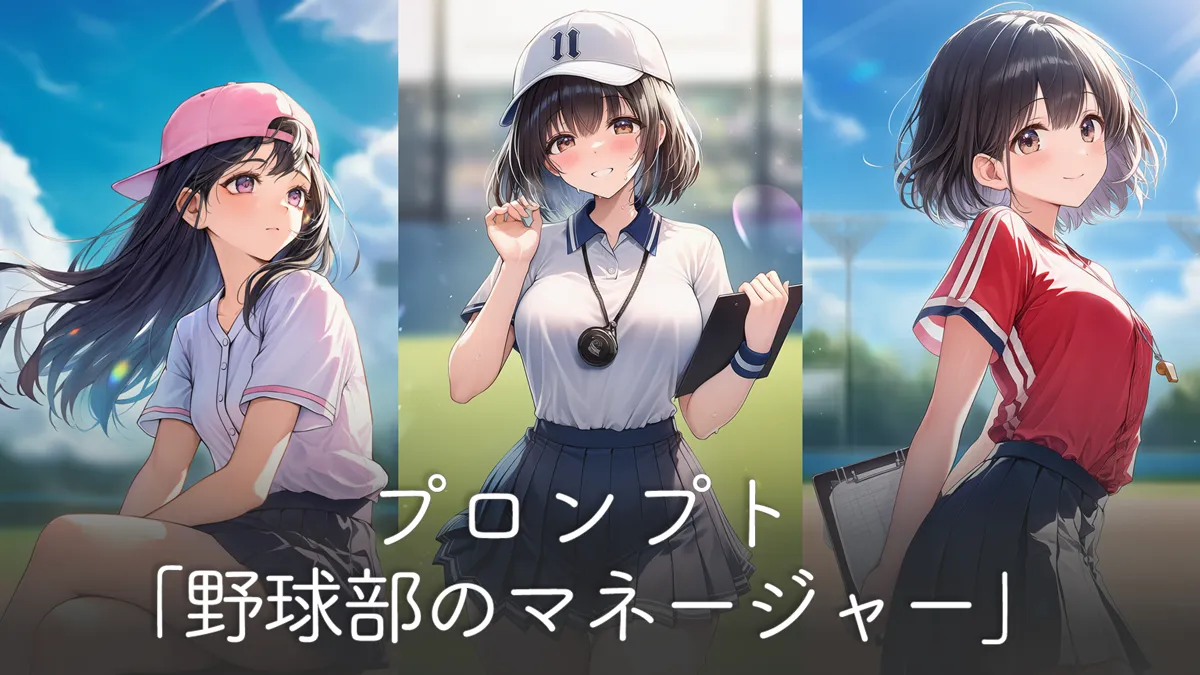 野球部のマネージャーのプロンプト（服装・ポーズ・アイテム等）