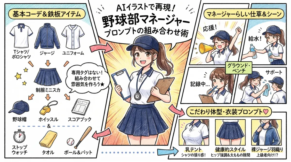 野球部のマネージャーのプロンプトのまとめ用の図解イラスト（グラレコ）