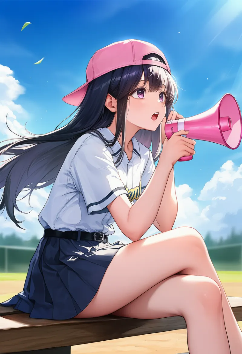 野球部のマネージャー女子がメガホンを持って応援しているAIイラストとプロンプト紹介
