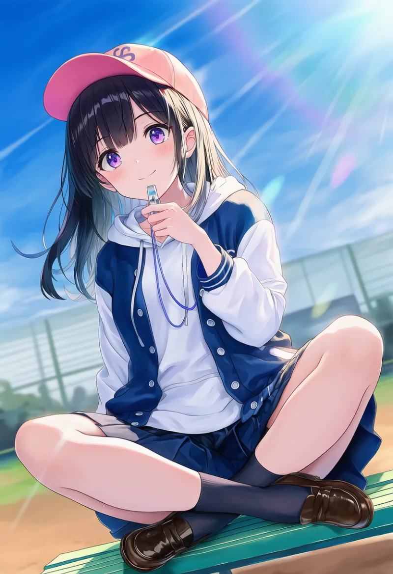 野球部のマネージャー女子がホイッスルを持ってあぐらをかいて座っている様子のAIイラスト作例とプロンプト紹介