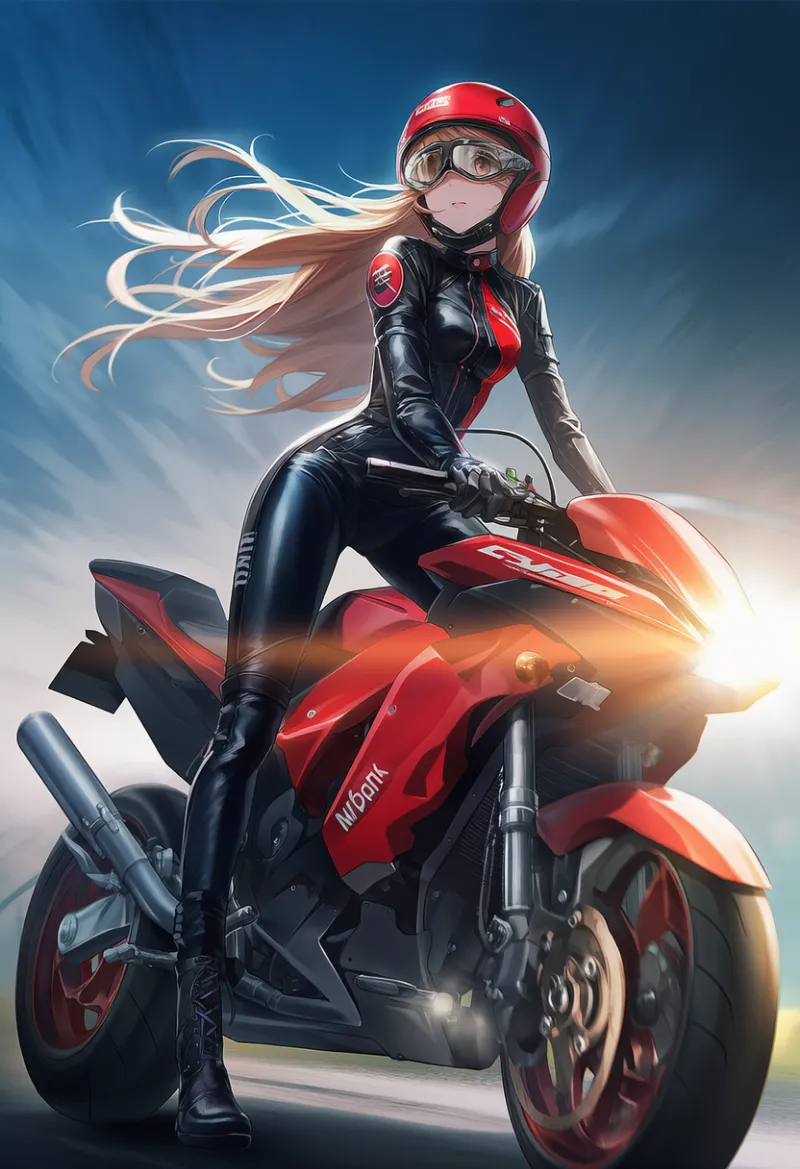 黒ベースに赤ラインのバイクスーツの作例プロンプト