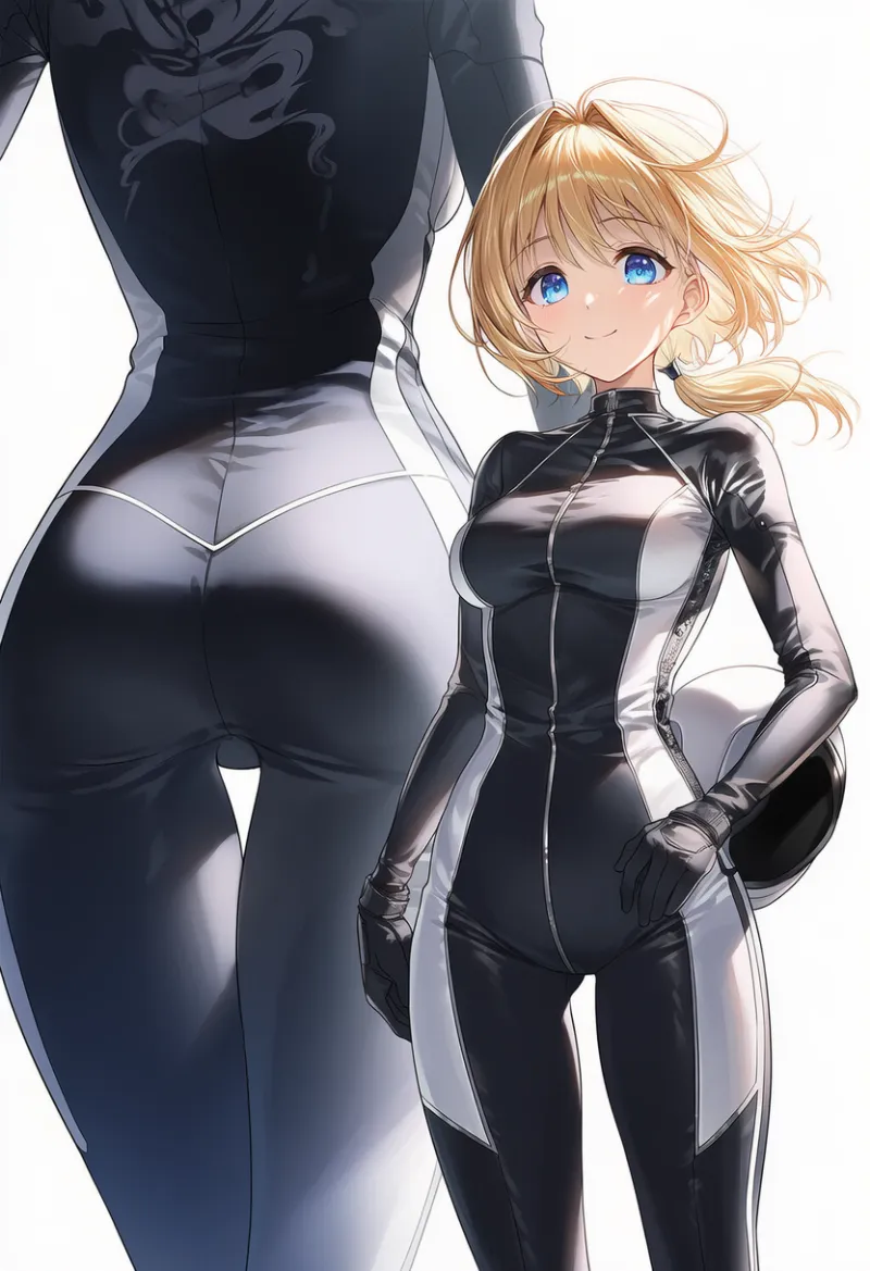 サイドに太いラインが入るバイクスーツのプロンプトとAIイラスト